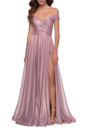 La Femme Metallic Chiffon Gown with Off the Shoulder Top in Pink Metallic at Nordstrom, Size 14