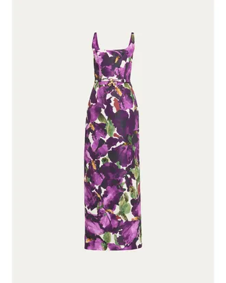 Oscar De La Renta Watercolor Iris Faille Belted Sleeveless Column Gown