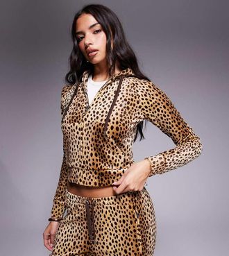 Juicy Couture Esclusiva Juicy Couture x ASOS - Felpa con cappuccio e zip marrone con stampa maculata in coordinato