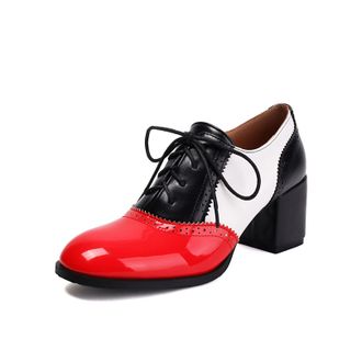 Generic Womens High Heeled Wingtips Oxford Shoes Lace-Up Vintage Brogues Chunky Block Heel Work Shoes,Red,3.5 UK