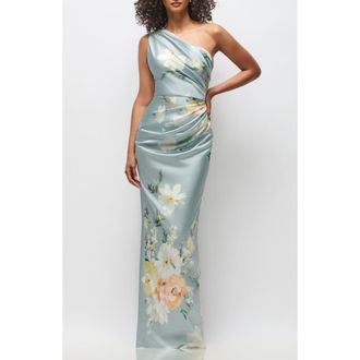 After Six Malin Floral One-Shoulder Satin Charmeuse Gown in Mist Multi at Nordstrom, Size Xx-Large
