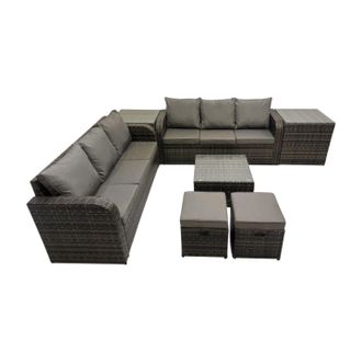 Fimous Rattan Garden Outdoor Furniture Set with 2 Side Tables 2 Small Stools in Dark Grey