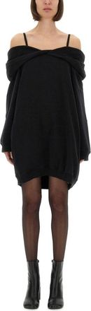 Maison Margiela Off-Shoulder Black Sweatshirt Dress With Cozy Hood