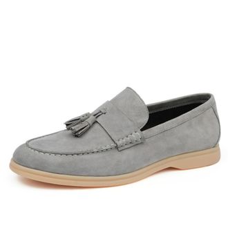 Generic Mens Slip on Tassel Loafers Round Toe Faux Suede Casual Shoes Low Block Heel Office Dress Shoes,Grey,6.5 UK