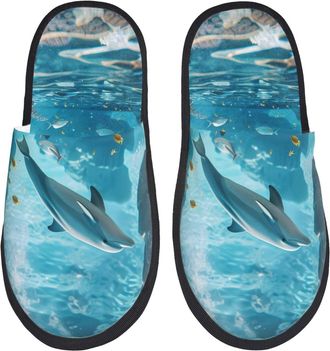 Generic Shoes Underwater Dolphin Scene Soft Slippers Warm Cotton Slippers For Winter Indoor Big Kid M