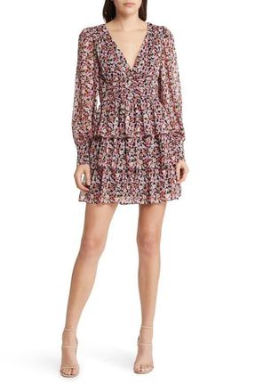 Charles Henry Floral Tiered Long Sleeve Minidress in Black Ditsy at Nordstrom, Size Small