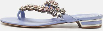 Rene Caovilla Ren&eacute; Caovilla Blue Leather Crystal Embellished Flat Slides