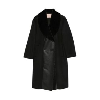 Twinset Abrigo Cruzado con Cuello Chal de Pelo Sint&eacute;tico - Coats - Mujer - Negro - XS