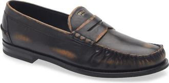 Prada Antiqued Leather Loafer in Nero/cuoio at Nordstrom, Size 10.5