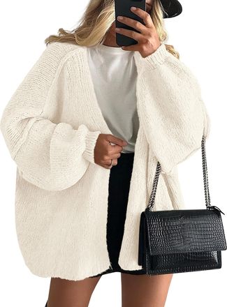 PrettyGarden Womens Oversized Cardigan Sweaters 2024 Fall Long Lantern Sleeve Knit Open Front Lightweight Sweater, White, Small