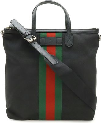 Gucci Sherry Line Black Green Red Color Nylon Canvas Leather Shoulder Bag Tote Bag (Pre-Owned)