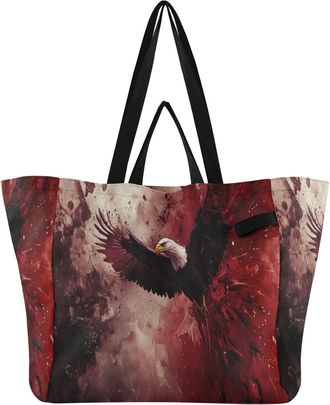 Generic Flying Bird Red print Reusable Canvas Tote Bag, Heavy Duty Grocery Shopping Bag with Double Handles Hard Bottom Large Capacity Work Groceries Travel