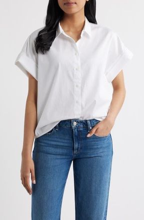 Spanx Oversize Short Sleeve Cotton Button-Up Shirt in Classic White at Nordstrom, Size X-Small