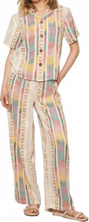 En Cr&egrave;me Embroidered Pants With Back Elastic In Cream Multicolor