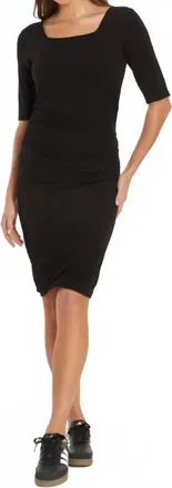 Mod-o-doc Elbow Sleeve Below The Knee Ruched Dress In Black