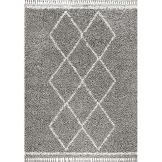 Jonathan Y Designs Mercer Shag Plush Tassel Moroccan Geometric Trellis Denim Area Rug in Gray/cream at Nordstrom, Size 2Ft 0In X 8Ft 0In
