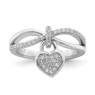 Diamond2Deal Sterling Silver Rhodium-plated Cubic Zirconia Heart Dangle Ring