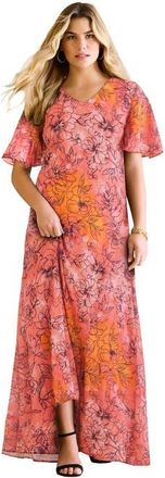 Roaman's Plus Size Hand Crinkled Flutter Sleeve Maxi Dress in Coral Tie Dye Floral at Nordstrom, Size 40