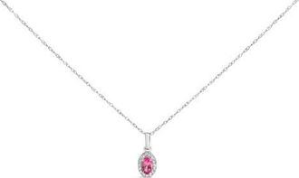 House of Brilliance 10K White Gold 5x3mm Gemstone and Diamond Accent Halo Oval Shape 18 Pendant Necklace in Pink Tourmaline | White at Nordstrom
