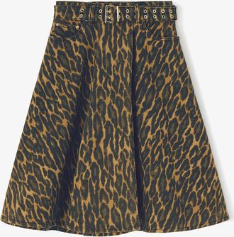 Ganni Green Leopard Denim Wrap Skirt - Size 8/10 Organic Cotton