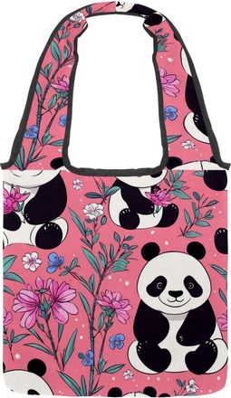 Generic Cute Panda on Pink Reversible Canvas Shoulder Tote - Double-Sided Print, 12oz Cotton, 27cm Drop, Fold-Flat Bag for Travel, Shopping, Street Outings