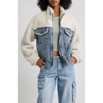 Thread & Supply Denim & Faux Shearling Trucker Jacket in Denim Wash at Nordstrom Rack, Size Small