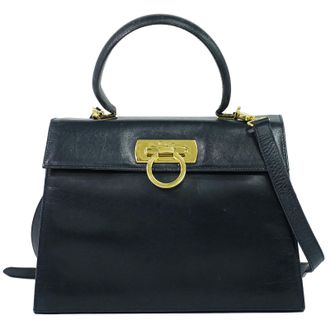 Ferragamo Convertible Top Handle Leather Navy Leather Handbag (Pre-Owned)