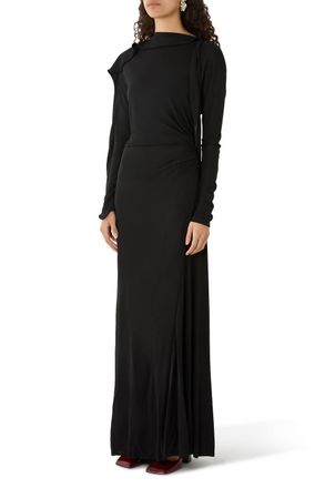 Victoria Beckham Long Sleeve Draped Jersey Gown In Black