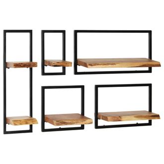 Berkfield Home Wall Shelf Set 5 Pieces Solid Acacia Wood & Steel in Brown