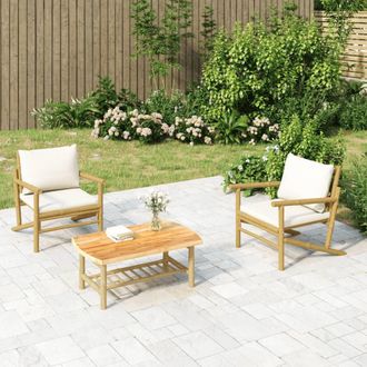 vidaXL Set De Muebles De Jard&iacute;n 3 Piezas Bamb&uacute; Y Cojines Blanco Crema Vidaxl