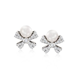 Ross-Simons 5mm Cultured Pearl and. Diamond Bow Earrings in Sterling Silver