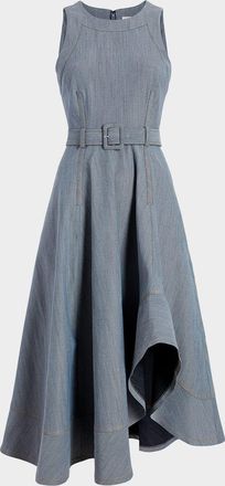 Cinq à Sept Zelda Belted Asymmetric Sleeveless Denim Midi Dress