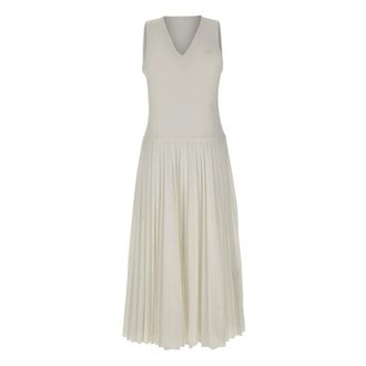 Lacoste Kleedjes, Dames, Wit, S, Polyester, Lange Mouwloze Jurk met Plooiing