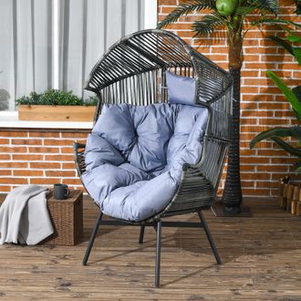 OUTSUNNY Rattan Leisure Chair w/ Cushion, Garden Egg Chair with Headrest in Light Grey