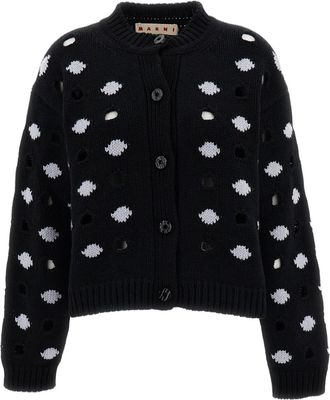 Marni Black/White Wool-Cashmere Contrast Jacquard Cardigan