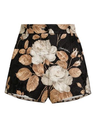 Dolce & Gabbana rose-print brocade high-waisted shorts - Black