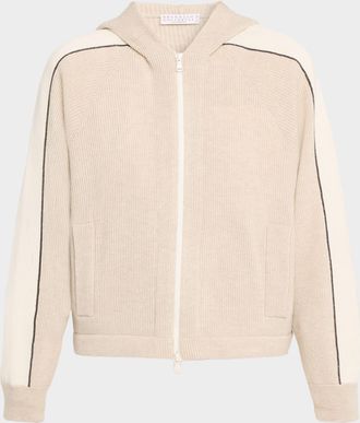 Brunello Cucinelli Monili-Trim Cashmere Rib Zip Sport Hoodie
