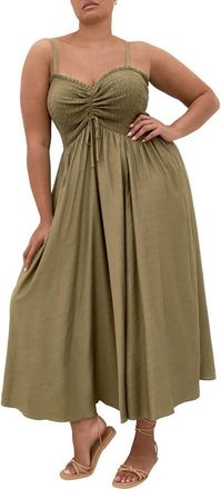 City Chic Maui Smocked Maxi Sundress in Khaki at Nordstrom, Size Xxxs