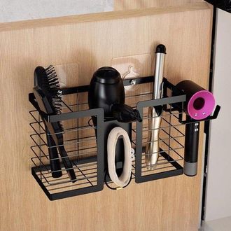 No Brand Soporte De Pared Multifuncional Para Secador De Pelo Y Rizador - Con Amplio Compartimento De Almacenamiento, Ganchos/soporte Para Cables, Metal Negro 