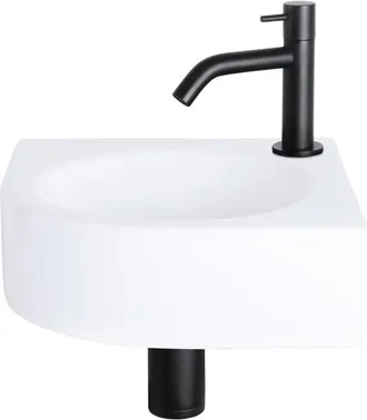 Differnz Cleo fonteinset - 30x30x10cm - Kwartrond - 1 kraangat - Gebogen matte zwarte kraan - Keramiek Wit
