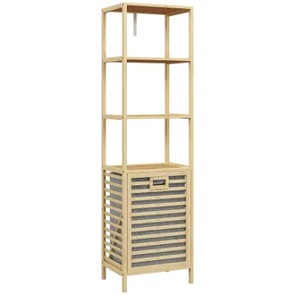 HOMCOM Homcom Mobile Colonna Bagno 3 Ripiani In Bamb&ugrave; E Cesto Porta Biancheria Tessuto