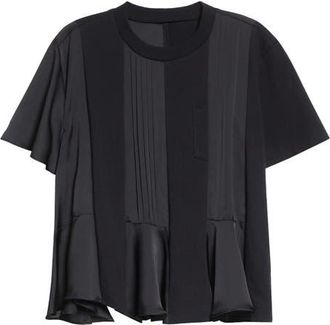 sacai Mixed Media Satin & Jersey T-Shirt in Black at Nordstrom, Size 4