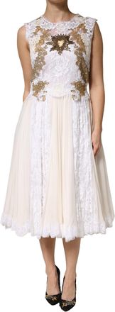 Dolce & Gabbana Womens Ivory Lace Silk Embellished Sleeveless Dress Off White Cotton