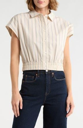 Current Elliott Stripe Cap Sleeve Crop Button-Up Shirt in Sand Stripe at Nordstrom Rack, Size Medium