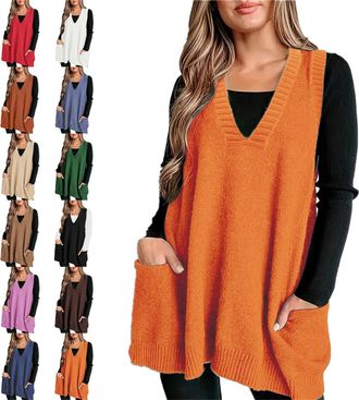 Generic Cozy Pocket Sweater Vest, Solid Color Oversized Sweater Vest, Womens Casual Sleeveless Ribbed V Neck Knit Vest (Orange,XXL)