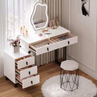 Woltu Tavolo per Cosmetici, Vanity Toeletta con Sgabello+ Luce per il Trucco, Moderno Mobile da Trucco - Bianco e Nero - Woltu