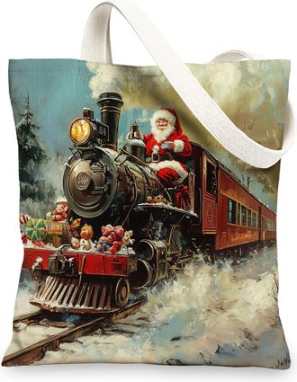 Generic Christmas Santa Claus Canvas Tote Bag for Shopping 13x15, Vintage Xmas Train Reusable Grocery Print Bag for Women, Holiday New Year Beach Aesthetic Pa