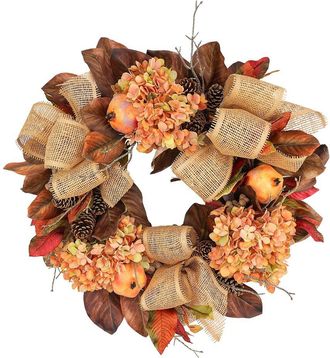 Creative Displays Inc. 27In Rustic Fall Wreath With Hydrangeas, Pomegranates & Burlap Bows