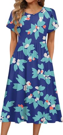 Generic Womens Summer Casual Dress Dresses for Women UK Plus Size Summer Dresses Chic Crew Neck Floral Print Petal Short Sleeve Tied Midi Dress with Pockets M