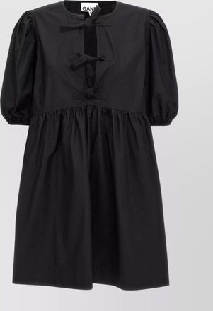 Ganni bow detail poplin dress with puff sleeves